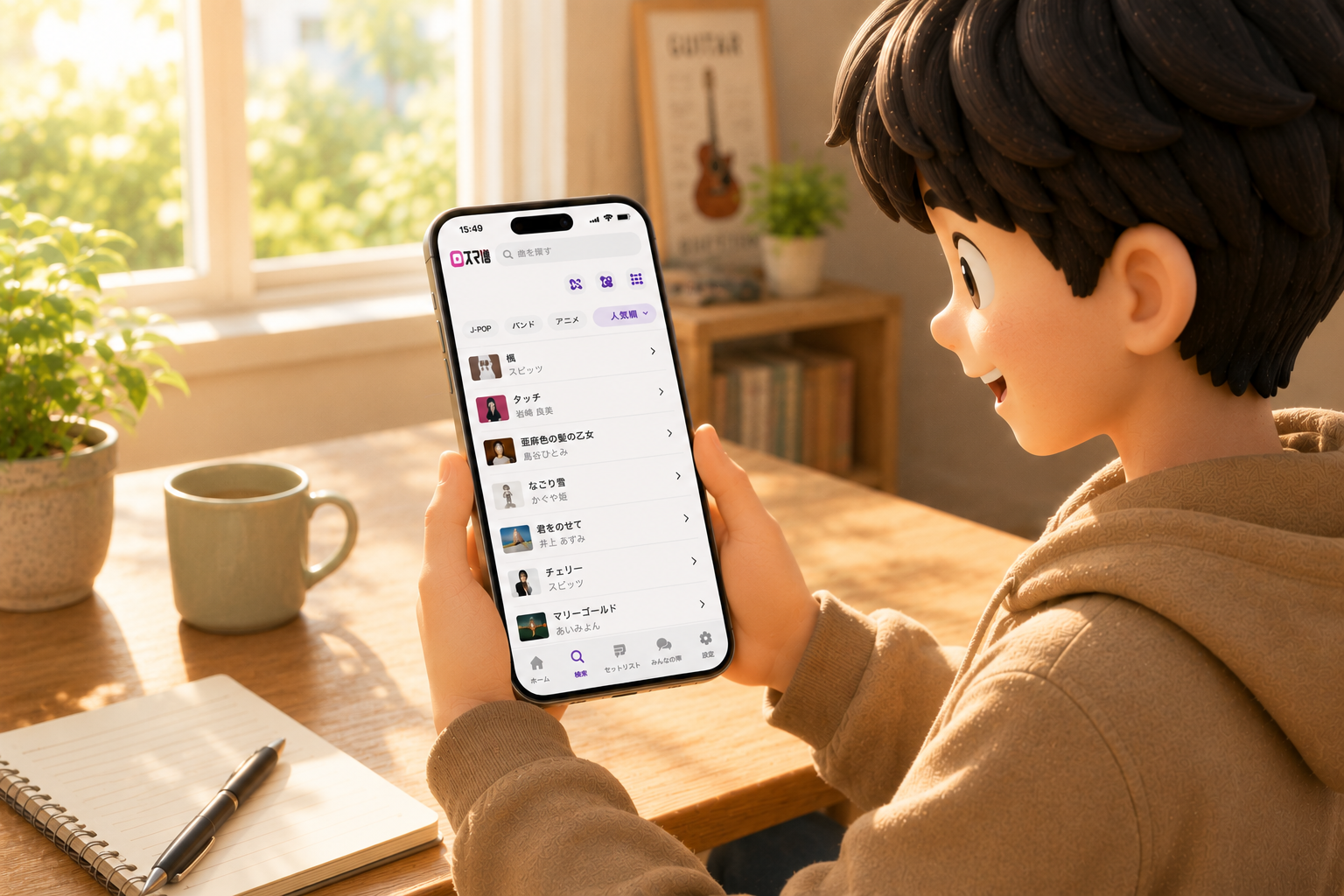 スマートフォンでスマ譜の曲一覧を楽しそうに見る人物