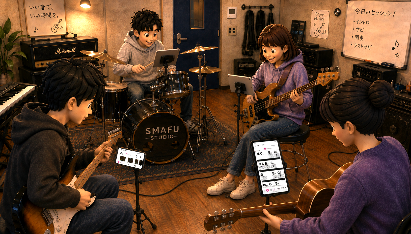 スタジオでスマ譜を見ながらバンド演奏を楽しむ仲間たち